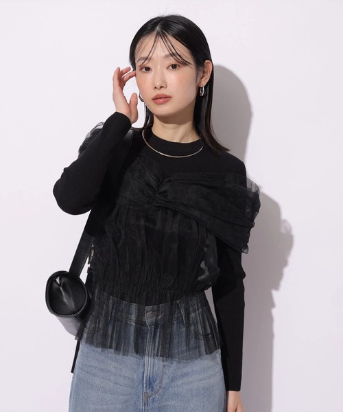 Mystrada(マイストラーダ)の「チュールペプラムドッキングニット(ニット/セーター・レディース・ブラック/ピンクベージュ/オフホワイト・38)」の4枚目の写真