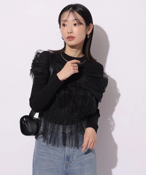 Mystrada(マイストラーダ)の「チュールペプラムドッキングニット(ニット/セーター・レディース・ブラック/ピンクベージュ/オフホワイト・38)」の5枚目の写真