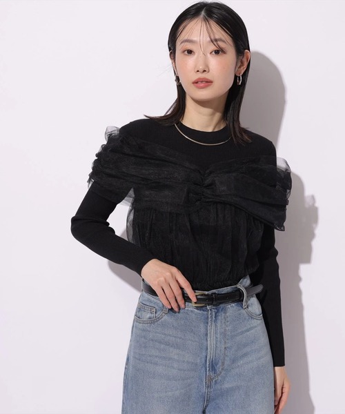 Mystrada(マイストラーダ)の「チュールペプラムドッキングニット(ニット/セーター・レディース・ブラック/ピンクベージュ/オフホワイト・38)」の6枚目の写真