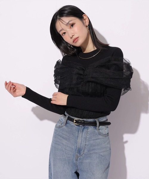 Mystrada(マイストラーダ)の「チュールペプラムドッキングニット(ニット/セーター・レディース・ブラック/ピンクベージュ/オフホワイト・38)」の7枚目の写真