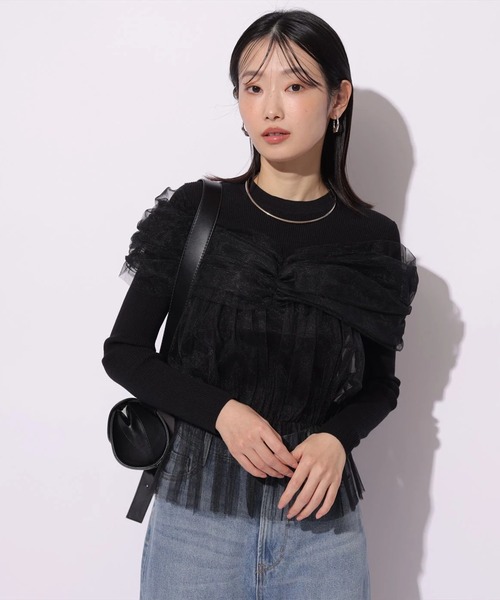 Mystrada(マイストラーダ)の「チュールペプラムドッキングニット(ニット/セーター・レディース・ブラック/ピンクベージュ/オフホワイト・38)」の8枚目の写真