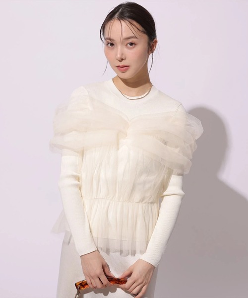 Mystrada(マイストラーダ)の「チュールペプラムドッキングニット(ニット/セーター・レディース・ブラック/ピンクベージュ/オフホワイト・38)」の18枚目の写真