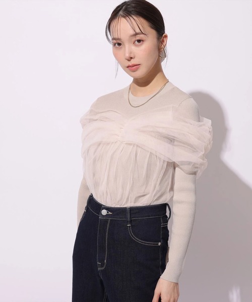 Mystrada(マイストラーダ)の「チュールペプラムドッキングニット(ニット/セーター・レディース・ブラック/ピンクベージュ/オフホワイト・38)」の19枚目の写真