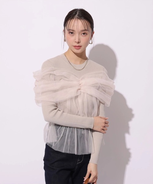 Mystrada(マイストラーダ)の「チュールペプラムドッキングニット(ニット/セーター・レディース・ブラック/ピンクベージュ/オフホワイト・38)」の21枚目の写真