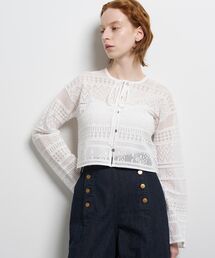 LANVIN en Bleu ランバンオンブルー ニット セーター ホワイト 白 サイズ:38(M) プルオーバー 長袖 エアヤーン ダブルカフス ステッチ ウール 日本製 トップス 【レディース】【中古】 LANVIN en Bleu ランバンオンブルー ニット セーター ホワイト 白