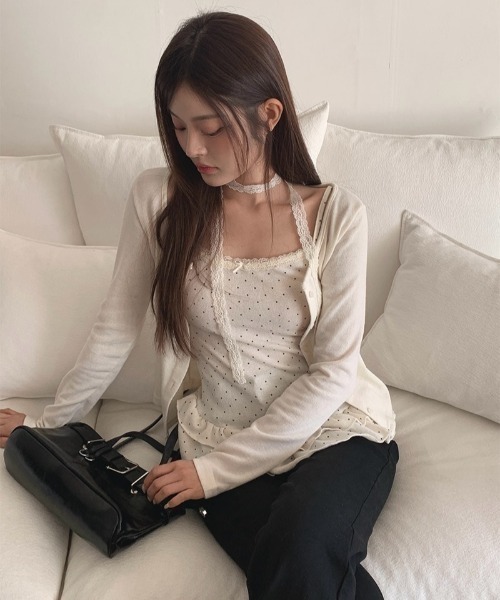 anyonemore(エニワンモア)の「レーススカーフ+裾フリルドット柄キャミソール+カーディガンセット(カーディガン/ボレロ・レディース・ベージュ・FREE)」の7枚目の写真