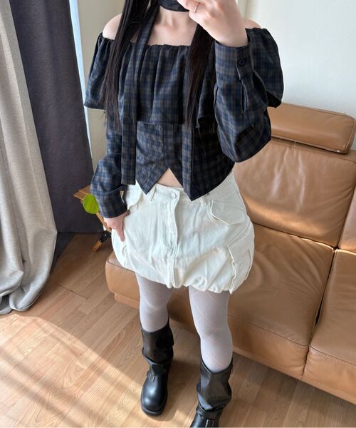 THE GREEN LAB（ザグリーンラボ）の「オフショルダー チェック ブラウス [チャコールグレー]（シャツ/ブラウス・レディース・その他・FREE）」の8枚目の写真