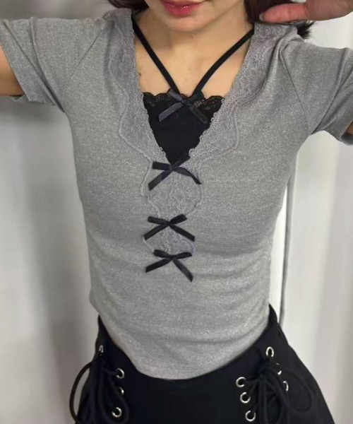 Lots of Love（ロッツオブラブ）の「レイヤード風フロントレーストップス（Tシャツ/カットソー・レディース・グレー・M）」の5枚目の写真