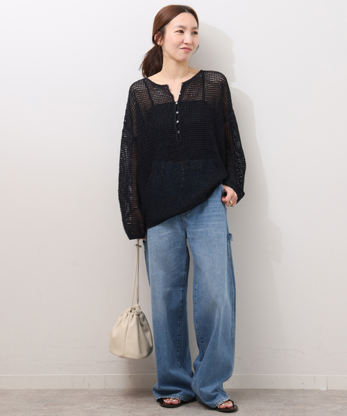 JOURNAL STANDARD relume（ジャーナルスタンダード　レリューム）の「ミックスメッシュ2WAYヘンリープルオーバー（ニット/セーター・レディース・ブラック系その他/ベージュ・FREE）」の3枚目の写真