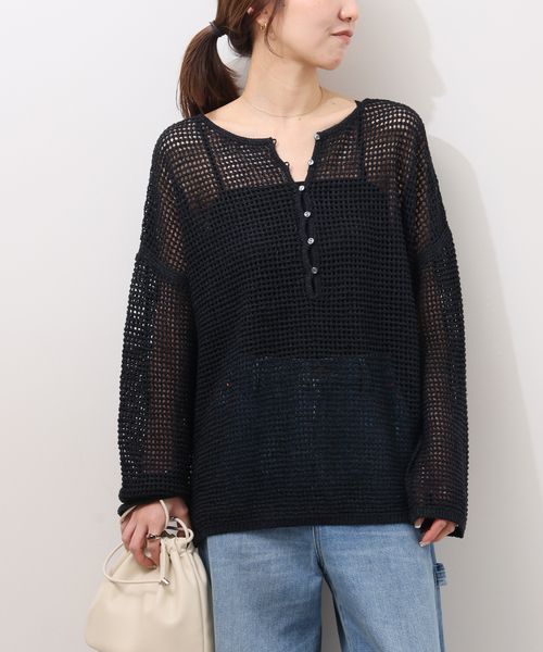 JOURNAL STANDARD relume（ジャーナルスタンダード　レリューム）の「ミックスメッシュ2WAYヘンリープルオーバー（ニット/セーター・レディース・ブラック系その他/ベージュ・FREE）」の7枚目の写真