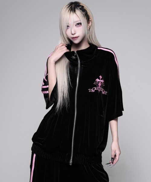 REFLEM(レフレム)の「『REFLEM/レフレム』クロス刺繍ベロアトラックジャージ(ジャージ・レディース・レオパード/ブラック×パープル/ブラック×ピンク/ブラック×ホワイト・FREE)」の12枚目の写真