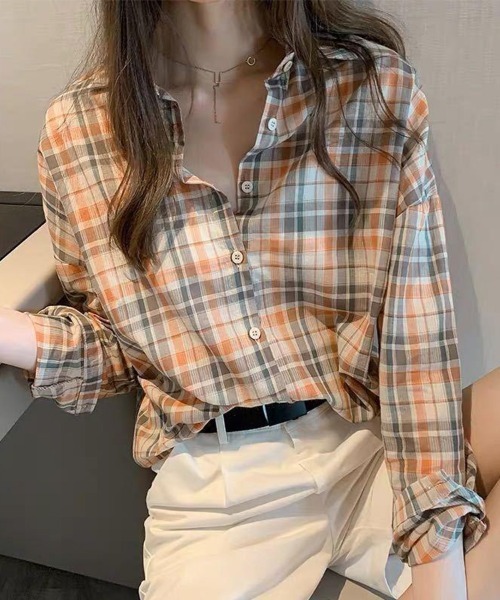 mielu（ミエル）の「カジュアルチェックシャツ（シャツ/ブラウス・レディース・イエロー/グリーン・LARGE/MEDIUM）」の7枚目の写真
