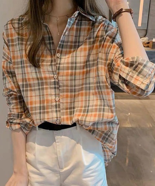 mielu（ミエル）の「カジュアルチェックシャツ（シャツ/ブラウス・レディース・イエロー/グリーン・LARGE/MEDIUM）」の8枚目の写真