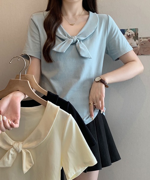 2ly2(トゥーリートゥー)の「ビッグリボンデザイン 半袖カットソー / フェミニンリボントップス(Tシャツ/カットソー・レディース・ブルー/ブラック/ベージュ・FREE)」の11枚目の写真