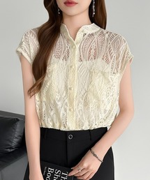 総レースで品よく透かす レースブラウス 総レーストップス シアー レース ブラウス ドロスト フレンチスリーブ シャツ ショート丈 パールボタン レイヤード 羽織り オフィスカジュアル オケージョン 夏服