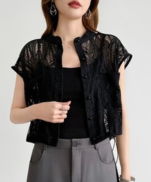 総レースで品よく透かす レースブラウス 総レーストップス シアー レース ブラウス ドロスト フレンチスリーブ シャツ ショート丈 パールボタン レイヤード 羽織り オフィスカジュアル オケージョン 夏服