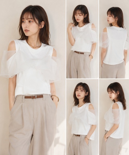Lateru(ラテル)の「シアーレイヤーデザインカットソー オフショル風 Tシャツ トップス レディース(Tシャツ/カットソー・レディース・ブラック/ホワイト・FREE)」の5枚目の写真
