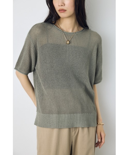 AZUL by moussy（アズールバイマウジー）の「畔編み半袖ニットトップス　夏服　春服　秋服　シアートップス　シアーニット　サマーニット　メッシュトップス（Tシャツ/カットソー・レディース・ブラウン/ライトカーキ/ブラック/オフホワイト・MEDIUM/SMALL）」の4枚目の写真