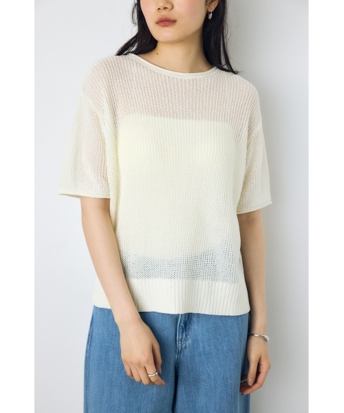 AZUL by moussy（アズールバイマウジー）の「畔編み半袖ニットトップス　夏服　春服　秋服　シアートップス　シアーニット　サマーニット　メッシュトップス（Tシャツ/カットソー・レディース・ブラウン/ライトカーキ/ブラック/オフホワイト・MEDIUM/SMALL）」の2枚目の写真