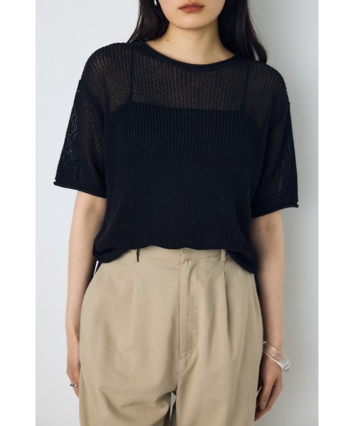 AZUL by moussy（アズールバイマウジー）の「畔編み半袖ニットトップス　夏服　春服　秋服　シアートップス　シアーニット　サマーニット　メッシュトップス（Tシャツ/カットソー・レディース・ブラウン/ライトカーキ/ブラック/オフホワイト・MEDIUM/SMALL）」の3枚目の写真