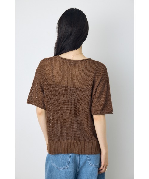 AZUL by moussy（アズールバイマウジー）の「畔編み半袖ニットトップス　夏服　春服　秋服　シアートップス　シアーニット　サマーニット　メッシュトップス（Tシャツ/カットソー・レディース・ブラウン/ライトカーキ/ブラック/オフホワイト・MEDIUM/SMALL）」の6枚目の写真