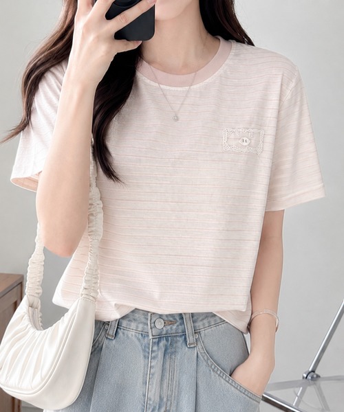 Megil(メギル)の「シアーボーダーロゴネーム使いTシャツ(Tシャツ/カットソー・レディース・アイボリー/イエロー/ブラック・MEDIUM)」の1枚目の写真