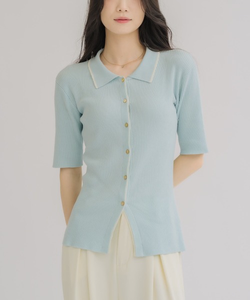 NEUNA(ヌナ)の「【体型カバーが叶う!】バイカラーポロサマーニット(Tシャツ/カットソー・レディース・ベージュ/ネイビー/ブルー・FREE)」の3枚目の写真