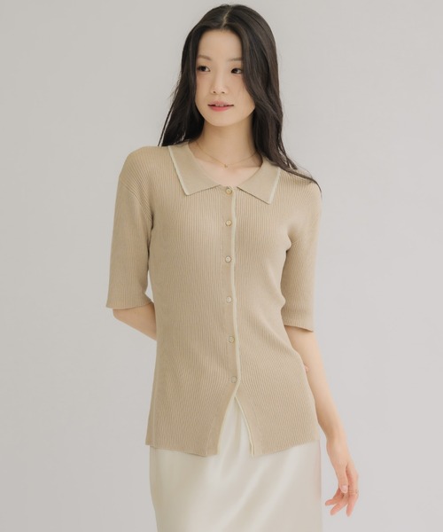 NEUNA(ヌナ)の「【体型カバーが叶う!】バイカラーポロサマーニット(Tシャツ/カットソー・レディース・ベージュ/ネイビー/ブルー・FREE)」の8枚目の写真