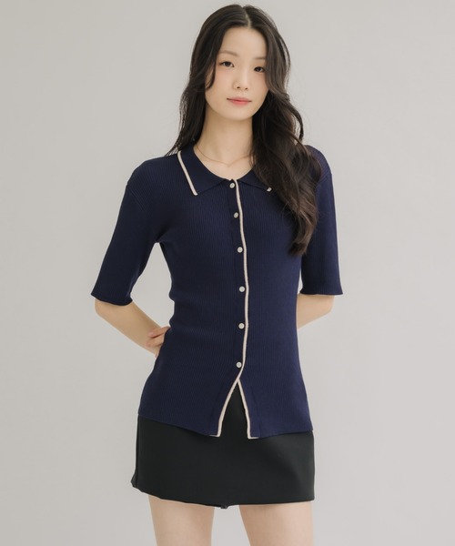 NEUNA(ヌナ)の「【体型カバーが叶う!】バイカラーポロサマーニット(Tシャツ/カットソー・レディース・ベージュ/ネイビー/ブルー・FREE)」の15枚目の写真
