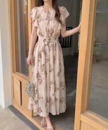 ほんのり甘く、しっかり上品。 花柄シフォンフリルワンピース シフォンワンピース ロング ワンピース フリルワンピース プリーツ 花柄ワンピース ノースリーブ 夏ワンピース オケージョン リゾート 春服 夏服