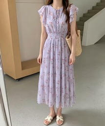 ほんのり甘く、しっかり上品。 花柄シフォンフリルワンピース シフォンワンピース ロング ワンピース フリルワンピース プリーツ 花柄ワンピース ノースリーブ 夏ワンピース オケージョン リゾート 春服 夏服