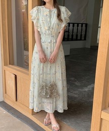 ほんのり甘く、しっかり上品。 花柄シフォンフリルワンピース シフォンワンピース ロング ワンピース フリルワンピース プリーツ 花柄ワンピース ノースリーブ 夏ワンピース オケージョン リゾート 春服 夏服