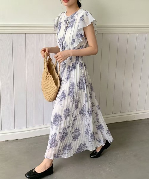 COCOMOMO(ココモモ)の「ほんのり甘く、しっかり上品。 花柄シフォンフリルワンピース シフォンワンピース ロング ワンピース フリルワンピース プリーツ 花柄ワンピース ノースリーブ 夏ワンピース オケージョン リゾート 春服 夏服(ワンピース・レディース・ライトグリーン/ベージュ/ライトパープル/アイボリー・FREE)」の6枚目の写真