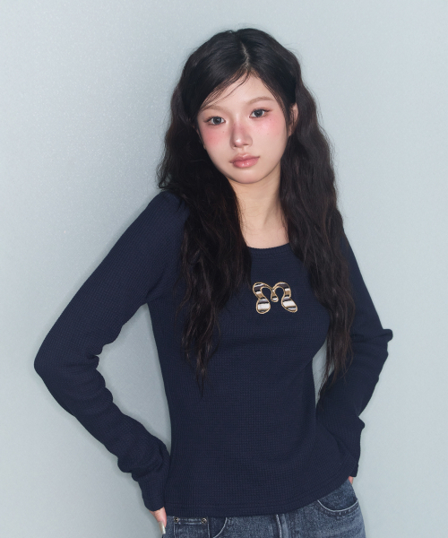 MIRECO(ミレコ)の「SYMBOL PATCH WAFFLE T NAVY(Tシャツ/カットソー・レディース・その他・FREE)」の1枚目の写真