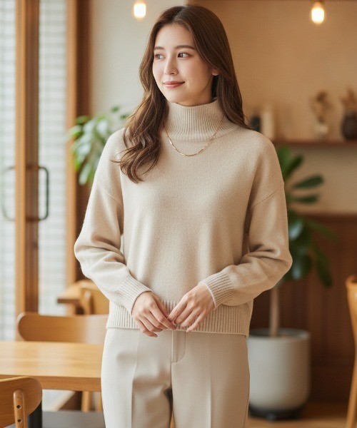 BY THE BAY（バイザベイ）の「【シンプル定番・体型カバー】ハイネックリブニット／4色展開｜ブラック グレー ブラウン ベージュ 長袖 ゆったりシルエット 秋冬 大人カジュアル きれいめ（ニット/セーター・レディース・グレー/ベージュ/ブラウン/ブラック・FREE）」の4枚目の写真