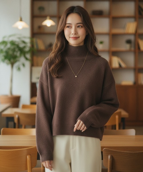 BY THE BAY（バイザベイ）の「【シンプル定番・体型カバー】ハイネックリブニット／4色展開｜ブラック グレー ブラウン ベージュ 長袖 ゆったりシルエット 秋冬 大人カジュアル きれいめ（ニット/セーター・レディース・グレー/ベージュ/ブラウン/ブラック・FREE）」の3枚目の写真
