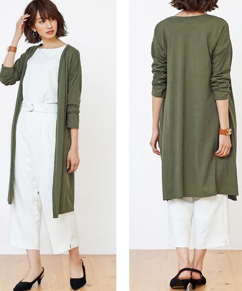 Pierrot(ピエロ)の「UVカットスラブ素材ロングトッパーカーディガン(カーディガン/ボレロ・レディース・ホワイト/ホワイト系その他/カーキオリーブ/アッシュブラウン/ネイビー/ブラック系その他/杢グレー/ブラック/レモンイエロー/コーラル/ブルー系その他/イエロー/ライトベージュ/ブルー系その他2・L/M)」の15枚目の写真