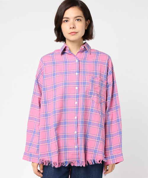PUNYUS（プニュズ）の「ダメージチェックシャツ（シャツ/ブラウス・レディース・ピンク/レッド/イエロー/ブルー・2/3/4/1）」の7枚目の写真
