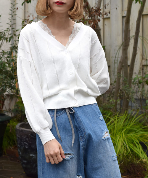 w closet(ダブルクローゼット)の「ガーター編みVネックカーディガン(カーディガン/ボレロ・レディース・ブラック/レッド/オフホワイト・FREE)」の7枚目の写真