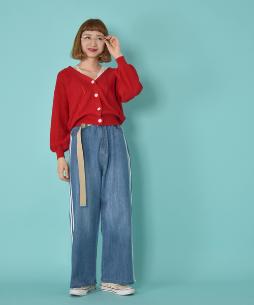 w closet(ダブルクローゼット)の「ガーター編みVネックカーディガン(カーディガン/ボレロ・レディース・ブラック/レッド/オフホワイト・FREE)」の8枚目の写真