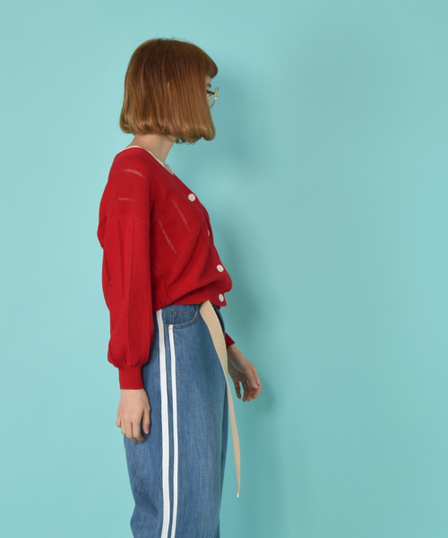 w closet(ダブルクローゼット)の「ガーター編みVネックカーディガン(カーディガン/ボレロ・レディース・ブラック/レッド/オフホワイト・FREE)」の9枚目の写真