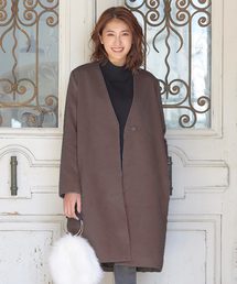 ［ロング丈/ミディアム丈］フェイクウールVネックノーカラーコート
