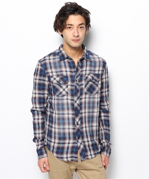 PLST（プラステ）の「Ｍen チェック柄二重仕立てガーゼシャツ（シャツ/ブラウス・メンズ・ライトインディゴブルー・LARGE/MEDIUM/X-LARGE/SMALL）」の2枚目の写真