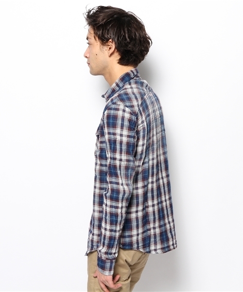 PLST（プラステ）の「Ｍen チェック柄二重仕立てガーゼシャツ（シャツ/ブラウス・メンズ・ライトインディゴブルー・LARGE/MEDIUM/X-LARGE/SMALL）」の3枚目の写真