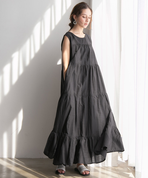 rectangle（レクタングル）の「コットンティアードロングワンピース（ワンピース・レディース・ブラック/ベージュ/オリーブ・MEDIUM/LARGE）」の2枚目の写真