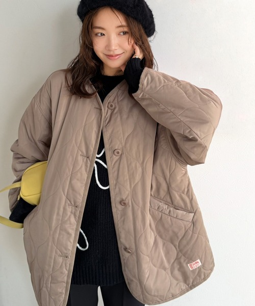 ノーカラージャケット（ベージュ系・ナイロン）ファッション通販