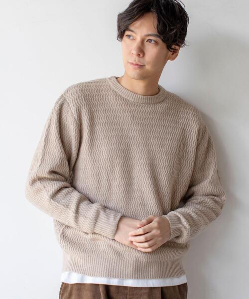 coen（コーエン）の「ウェーブ編みクルーネックニット（ニット/セーター・メンズ・ベージュ/オフホワイト・LARGE/SMALL/MEDIUM/X-LARGE）」の2枚目の写真