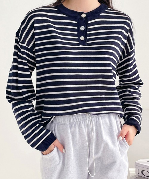 fd style（エフディ スタイル）の「【Chuzchuz】ボタンポイントボーダーニット（ニット/セーター・レディース・ブルー系その他/グリーン/アイボリー/ピンク・FREE）」の4枚目の写真