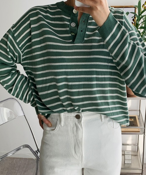 fd style（エフディ スタイル）の「【Chuzchuz】ボタンポイントボーダーニット（ニット/セーター・レディース・ブルー系その他/グリーン/アイボリー/ピンク・FREE）」の3枚目の写真