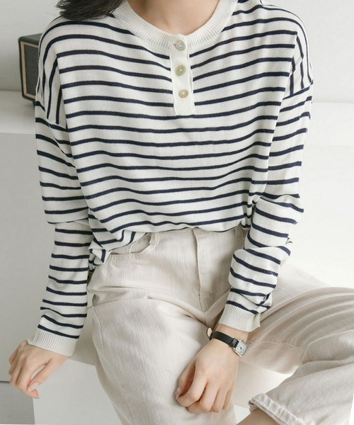 fd style（エフディ スタイル）の「【Chuzchuz】ボタンポイントボーダーニット（ニット/セーター・レディース・ブルー系その他/グリーン/アイボリー/ピンク・FREE）」の2枚目の写真